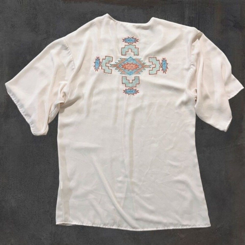 Sage Women's Size Small Robe Beige w/ Back Embroidery Short Sleeves SOME STAINS!